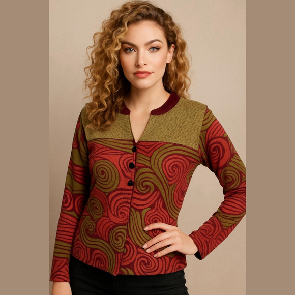 KLO Sweaters - KLO Red Green Swirl Pattern Cardigan Size Small